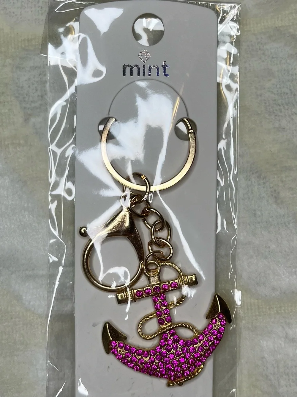 Mint Gold-Tone Anchor Keychain Bag Charm with Pink Crystals